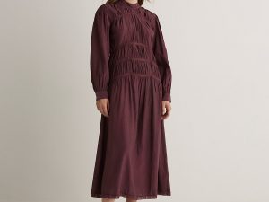 VESTIDO MIDI MEZCLA DE ALGODÓN CUELLO SUBIDO BERENJENA