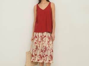 FALDA FLUIDA MIDI FLORES ROJO OSCURO